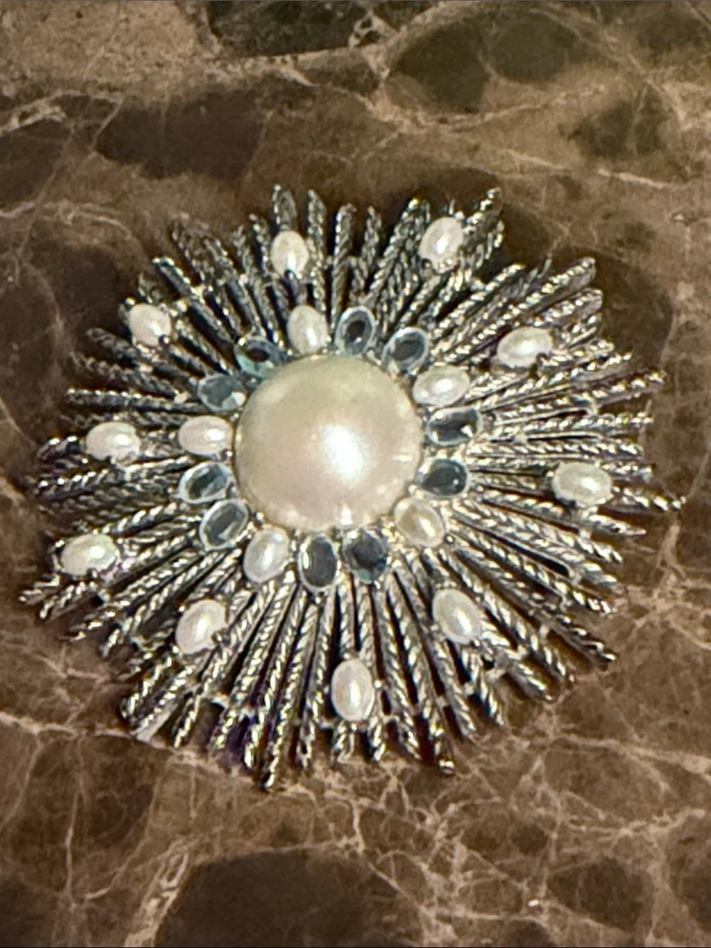 Talbots sunburst silver tone with white pearls and lice blue crystals large